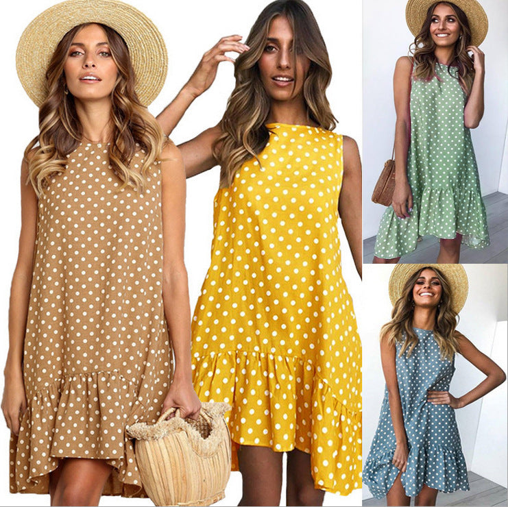 Round Neck Sleeveless Polka Dot Loose Swing Ruffle Dress