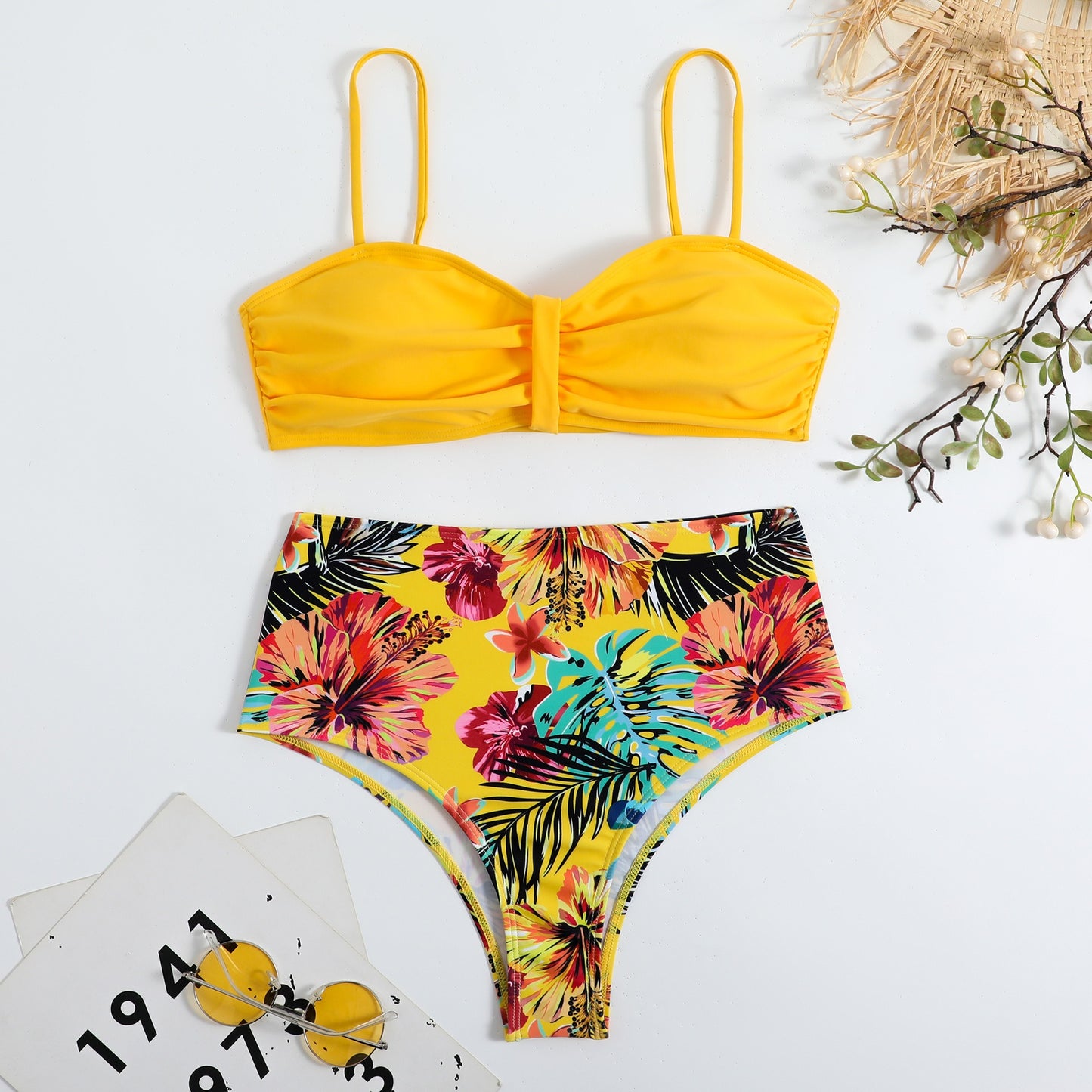 Sweet Tropical High Waisted & Ruched Front Padded Bra Top Bikini