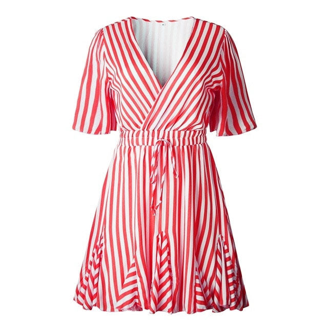 Sexy Vintage Striped V Neck Ruffle Cotton Short Sun Dress