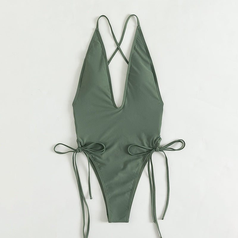 Sexy Conservative Deep V Neck Drawstring French Cut Hips Swimsuit