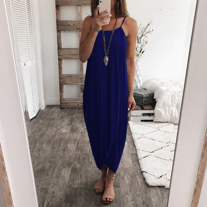 Coy Casual Drooped Spaghetti Strap Maxi Sundress Dress