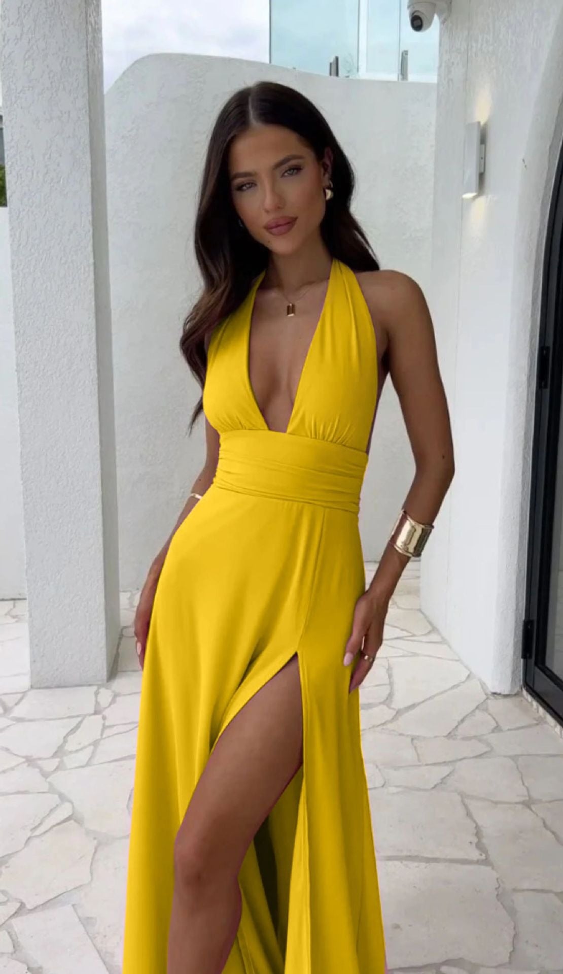 Halter Neck Deep V Neck Back Ties Cutouts High Slit Maxi Dress