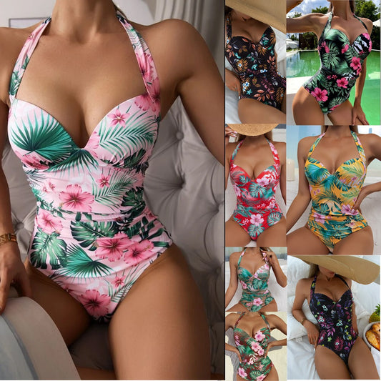 Tropical Print Ruched Tummy Halter Neck Conservative One Piece