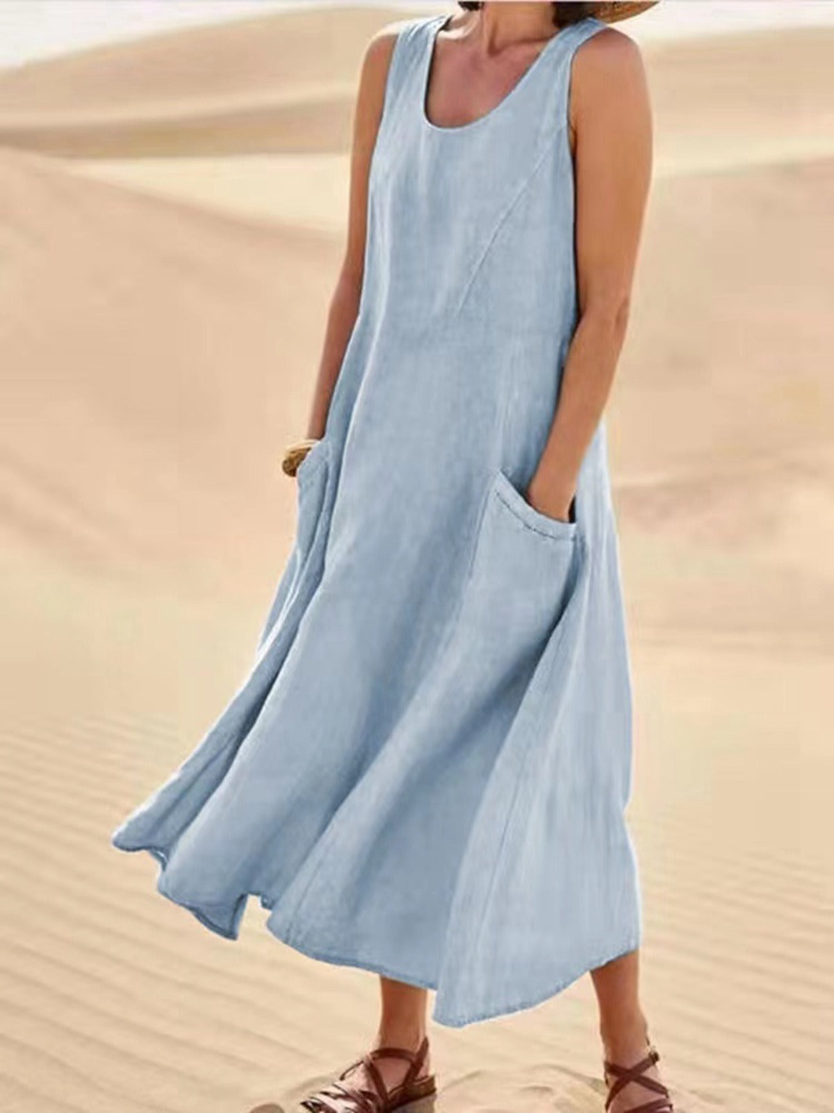 Pocket Sleeveless Round Neck Cotton and Linen Dress