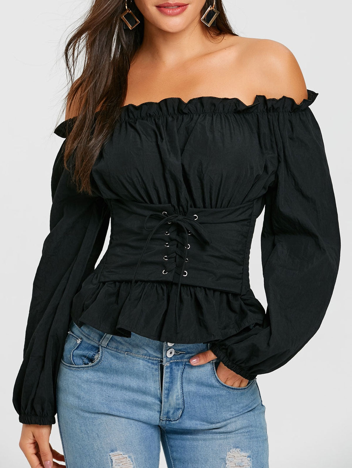 Off The Shoulder Lace Up Smocked Blouse