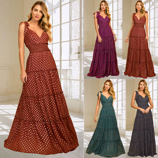 Sweet & Sexy Polka Dot V-Neck Shoulder Tie Swing Skirt Maxi Dress