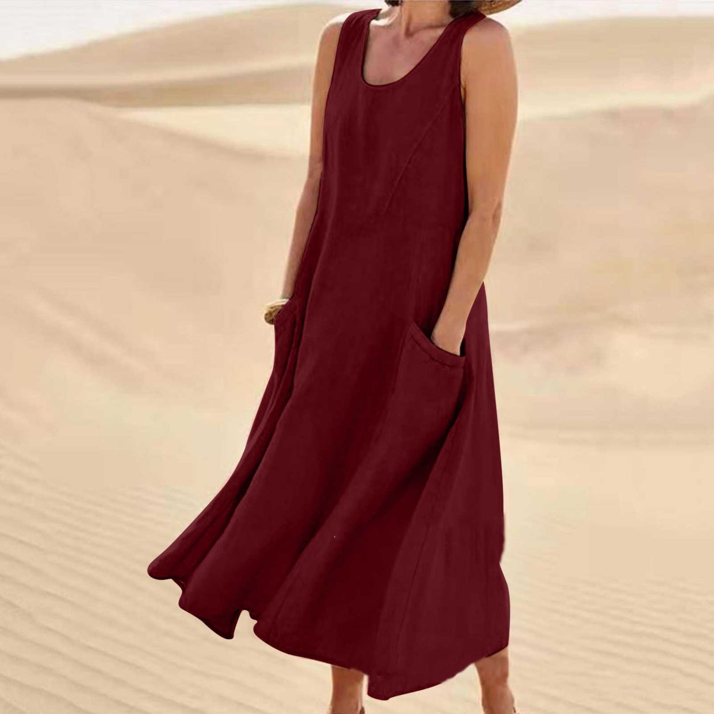 Pocket Sleeveless Round Neck Cotton and Linen Dress