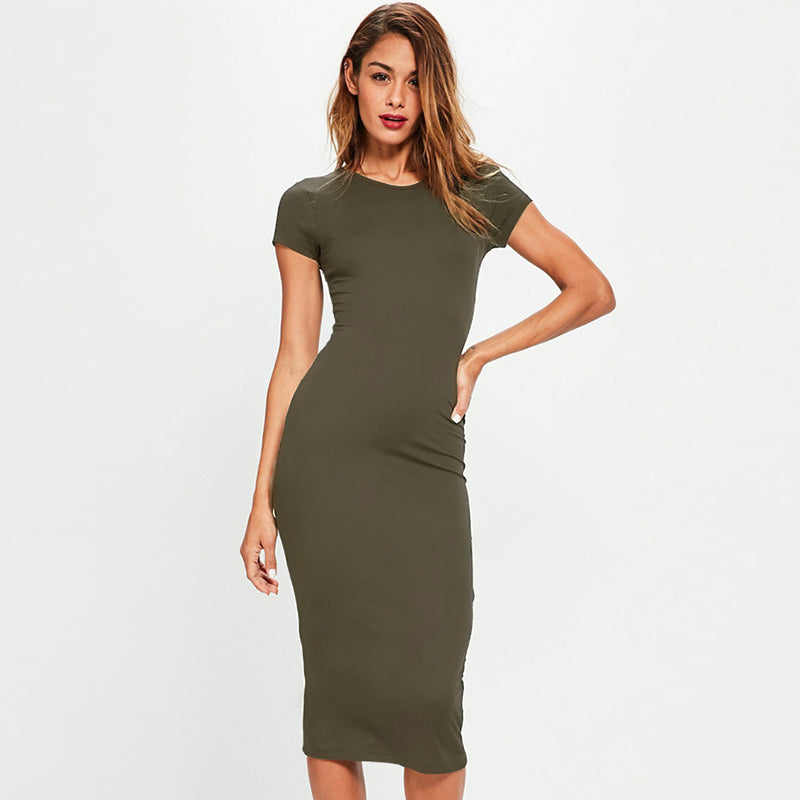 Short Sleeve O Neck Cotton Midi Dress