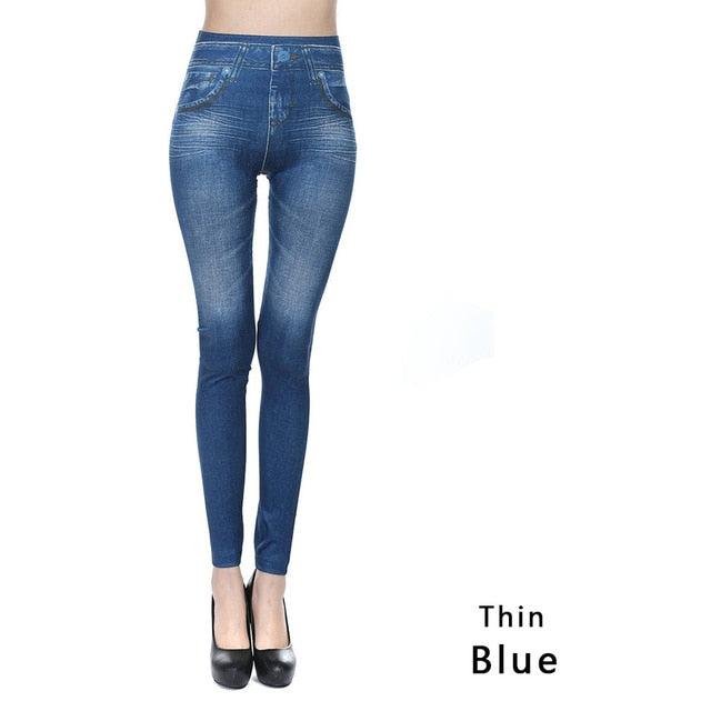 Fashion Faux Denim Jeans Leggings With Pockets