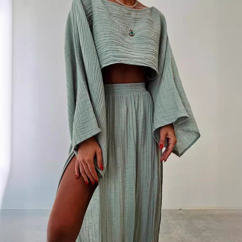 Linen Blend Crop Top & High Slit Skirt