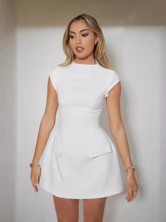 Sophisticated Round Neck Pocket Waist Cinch Short Sleeve Dress