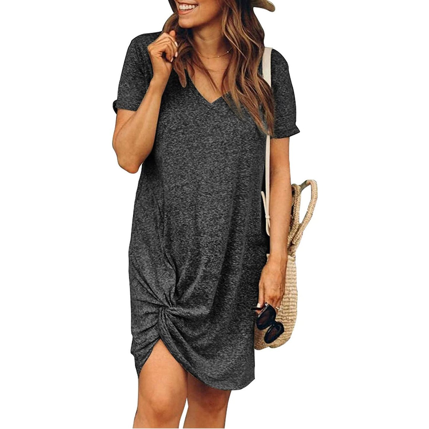 Casual Loose Knotted Front V Neck T Shirt Dress