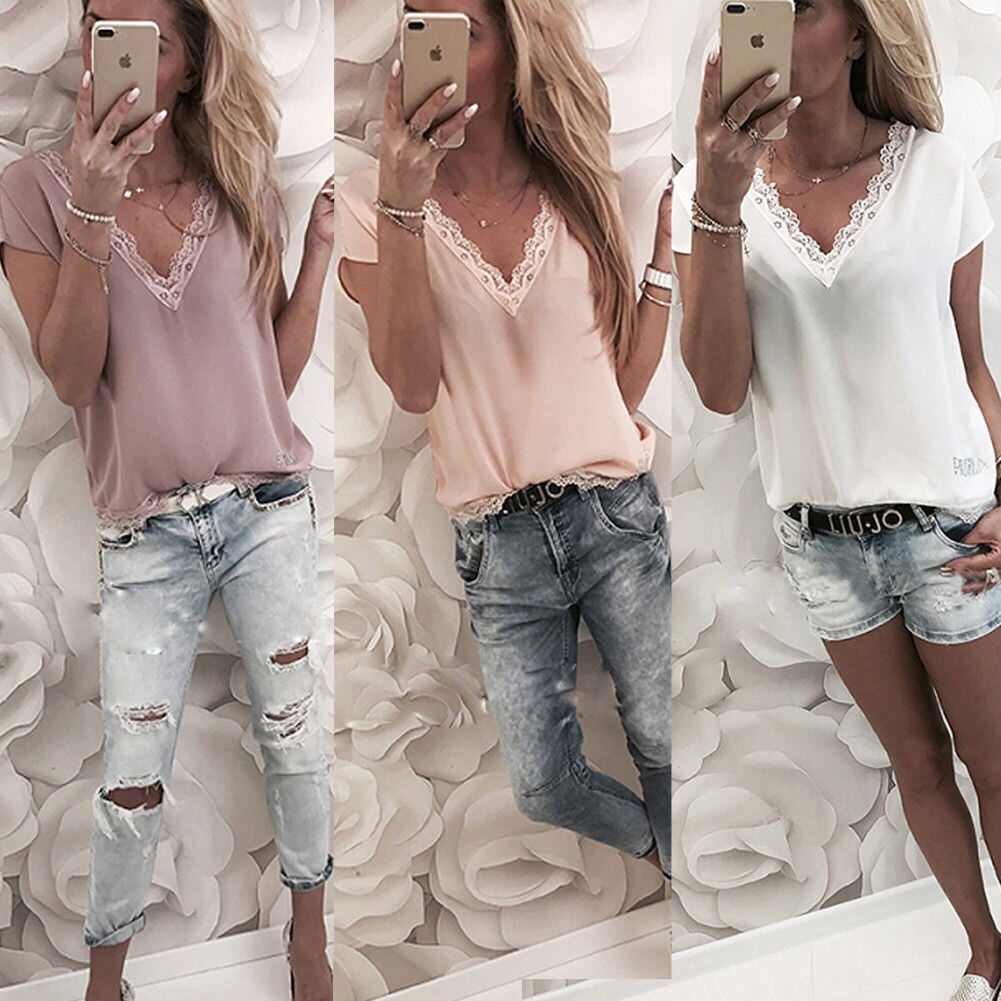 Coy Casual Loose Short Sleeve Lace V-neck Blouses