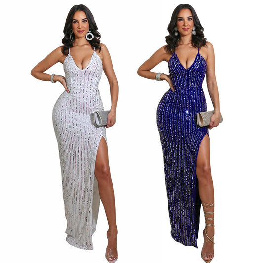 Sexy Sequins Backless Strap High Slit Sequins Party Dress