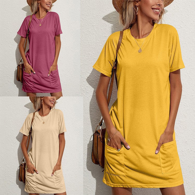 Coy Casual Round Neck T-shirt Pocket Dress