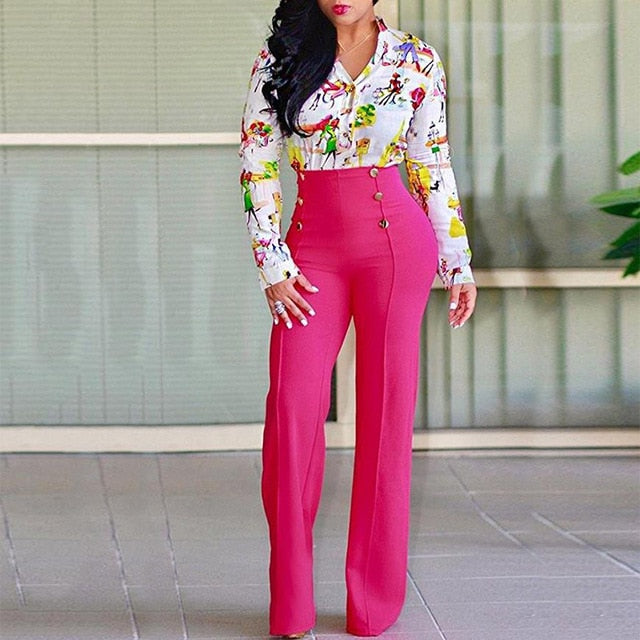 Button Accent Flare Leg High Waist Pants