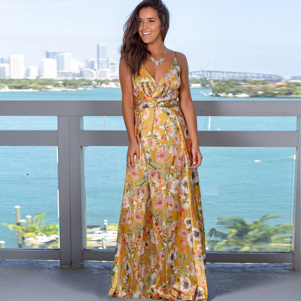 Sexy Sling Floral Maxi Dress Deep V-Neck