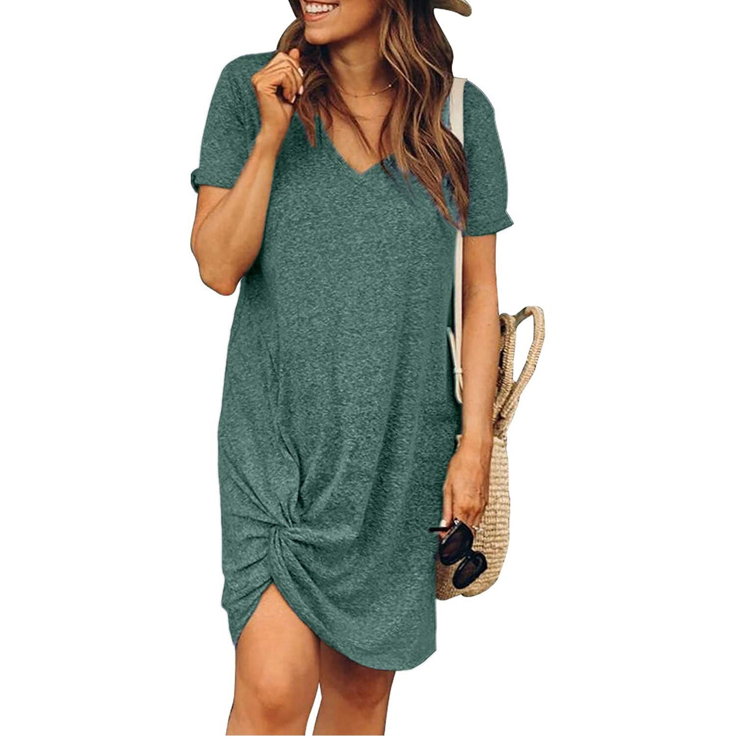 Casual Loose Knotted Front V Neck T Shirt Dress