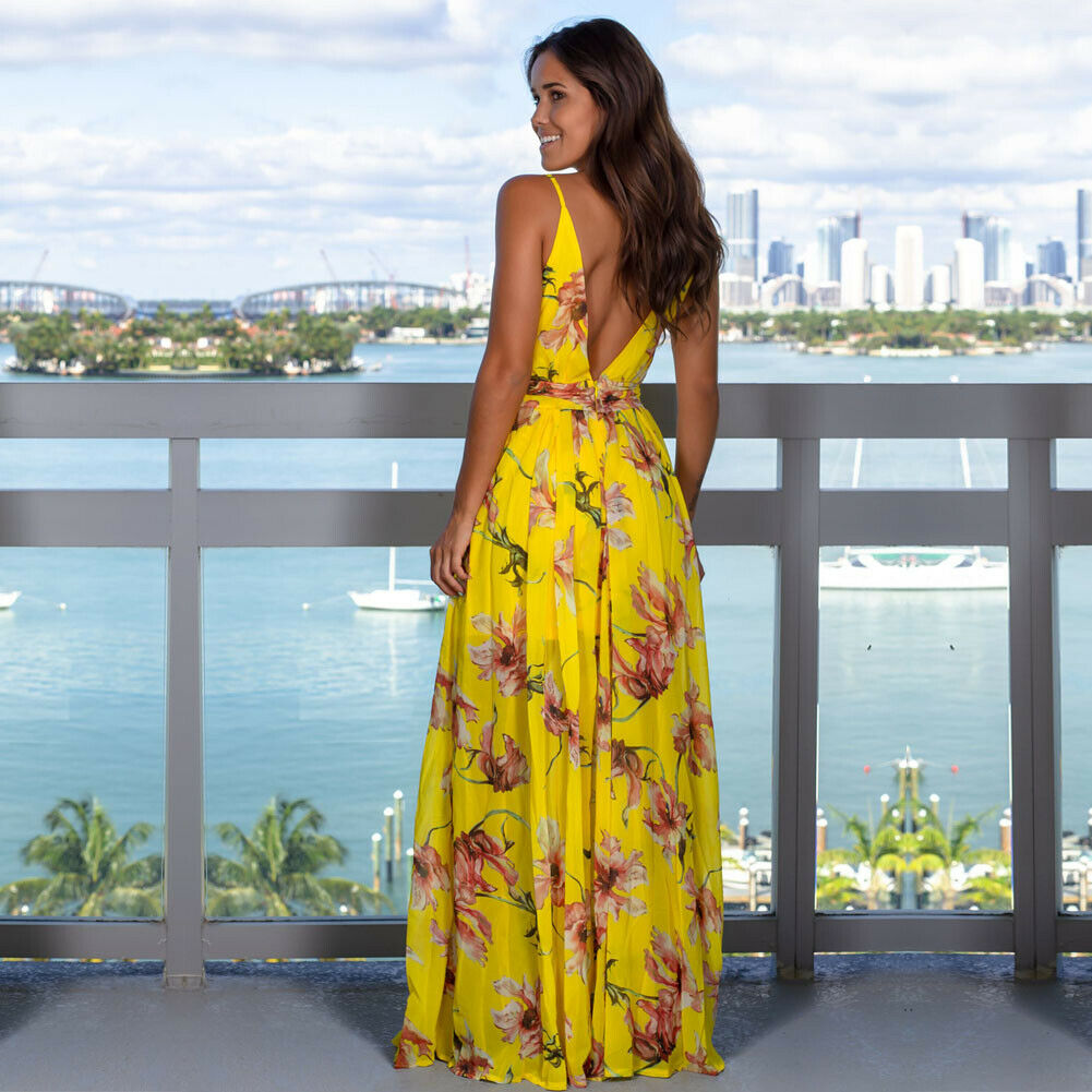 Sexy Sling Floral Maxi Dress Deep V-Neck