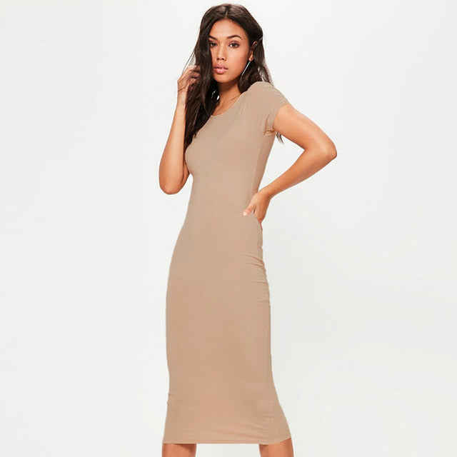 Short Sleeve O Neck Cotton Midi Dress