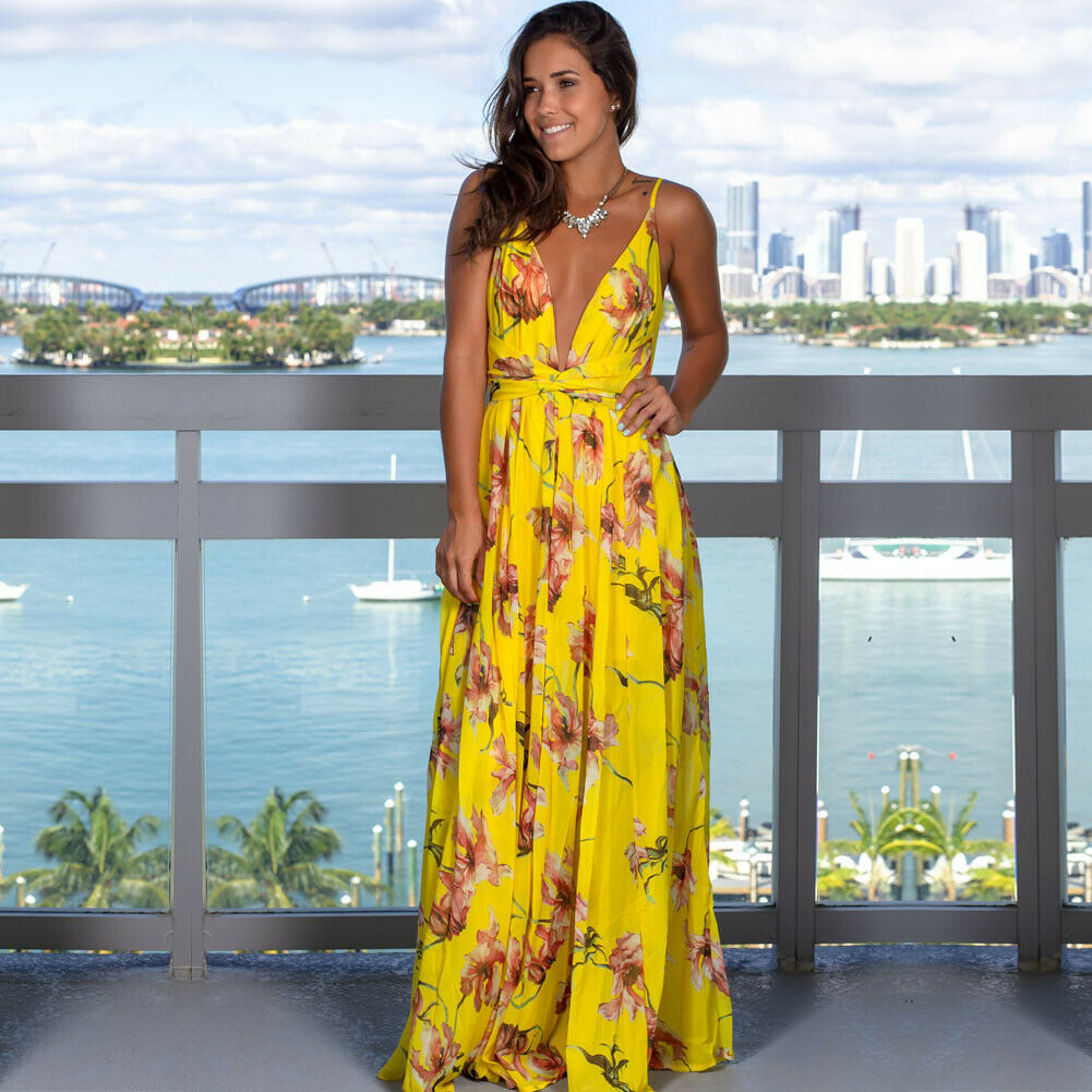 Sexy Sling Floral Maxi Dress Deep V-Neck