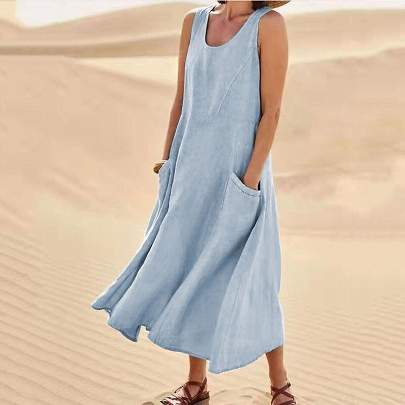 Pocket Sleeveless Round Neck Cotton and Linen Dress