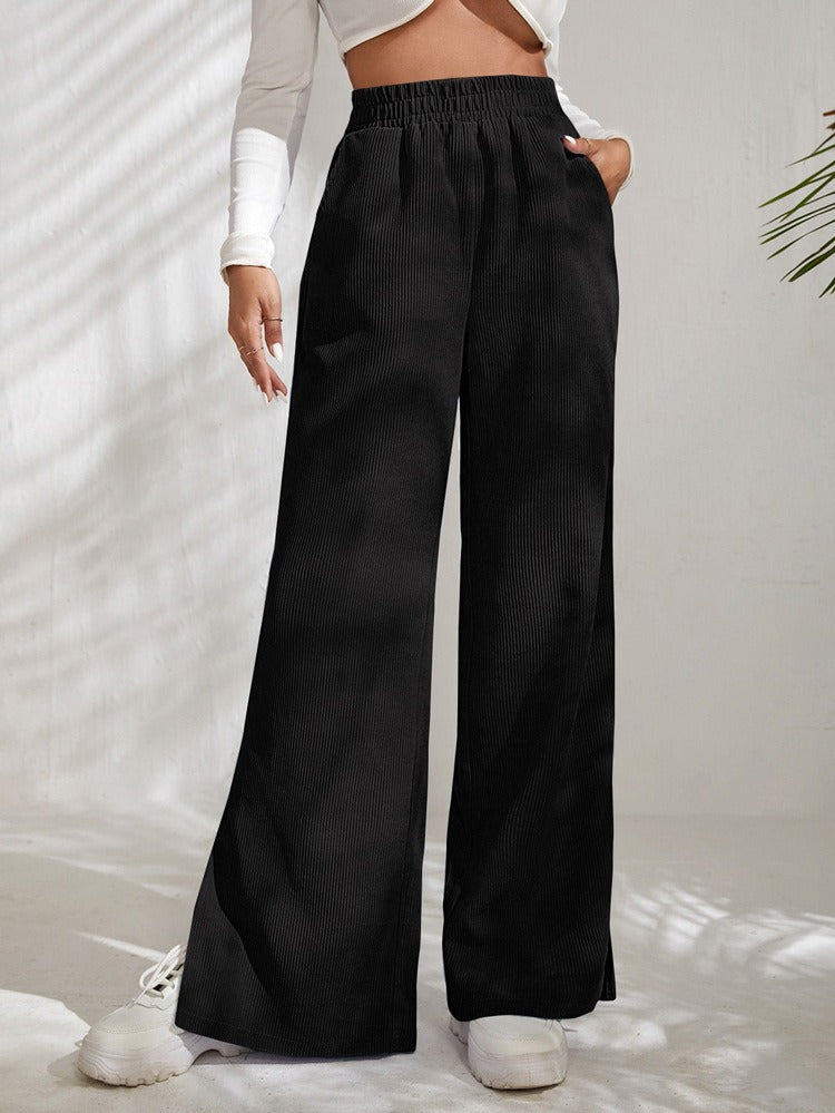 High Waist Casual Corduroy Splice Slit Bottom Pants