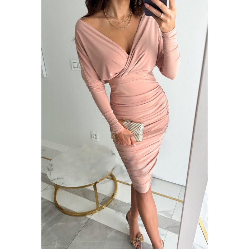 Off Shoulder V-neck Long Sleeve Ruched Midi Dress