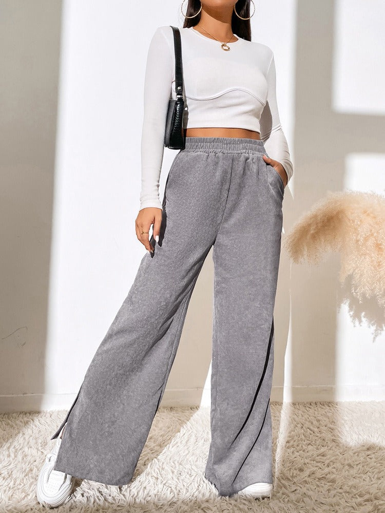 High Waist Casual Corduroy Splice Slit Bottom Pants