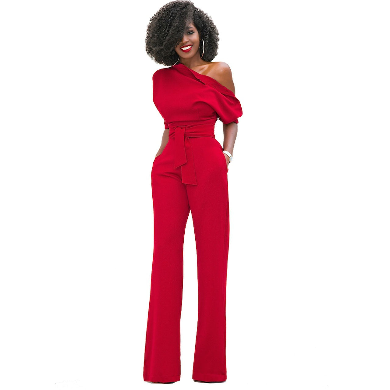 Sexy Diagonal Collar Button Up Jumpsuit