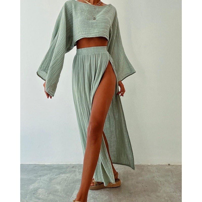 Linen Blend Crop Top & High Slit Skirt