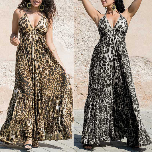 Sexy Leopard Print Halter Neck Maxi Sundress Dress